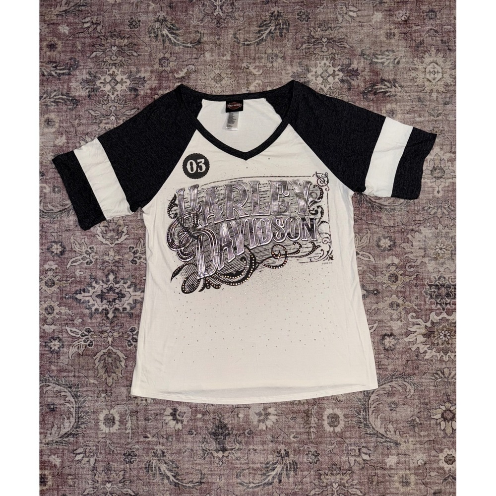 Harley-Davidson Womens Raglan V-Neck Graphic T-Shirt Rhinestone White Gray Large